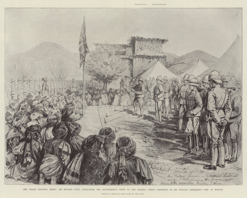 Le soulèvement de la frontière indienne, Sir Richard Udny annonçant les termes du gouvernement aux chefs Orakzai assemblés dans le camp de Sir William Lockhart à Maidan - Melton Prior