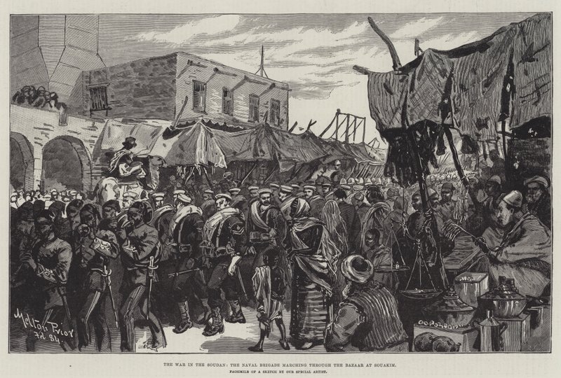 La guerre au Soudan, la brigade navale défilant à travers le bazar de Souakim - Melton Prior