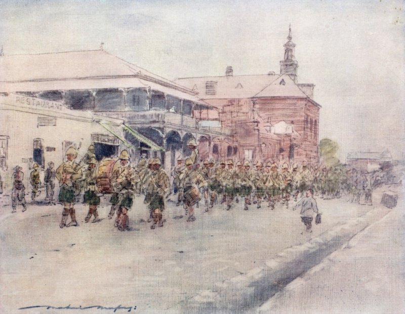 Highlanders marchant à travers Bloemfontein - Mortimer Ludington Menpes