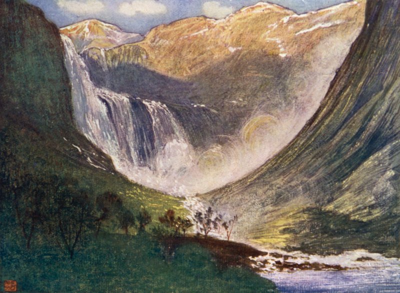 Norvège : Skjaeggedalsfos, Hardanger (lithographie en couleur) - Nico Jungman