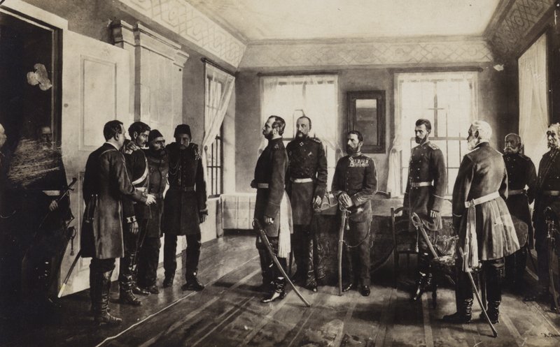 Le général ottoman capturé Osman Pacha présenté au tsar Alexandre II de Russie après la reddition au siège de Pleven, guerre russo-turque de 1877-1878 - Nikolai Dmitrievich Dmitriev Orenburgsky