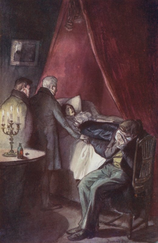 Emma, le menton enfoncé dans sa poitrine, allongée avec des yeux ouverts et fixes - Pierre Georges Jeanniot