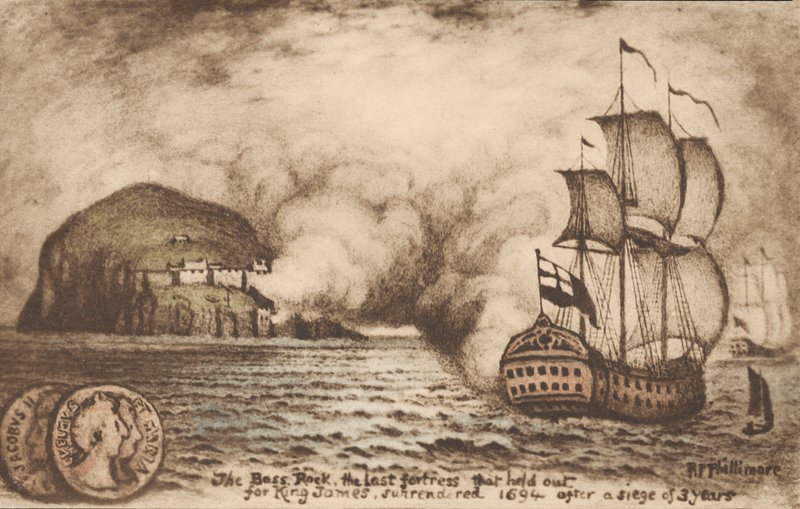 Bass Rock, Écosse, dernier bastion à soutenir le roi déchu Jacques II après la Glorieuse Révolution de 1688 - Reginald Phillimore