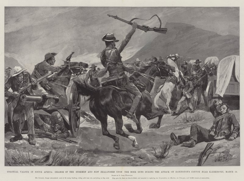 Valeur coloniale en Afrique du Sud, charge des Bushmen et des Néo-Zélandais sur les canons boers lors de l