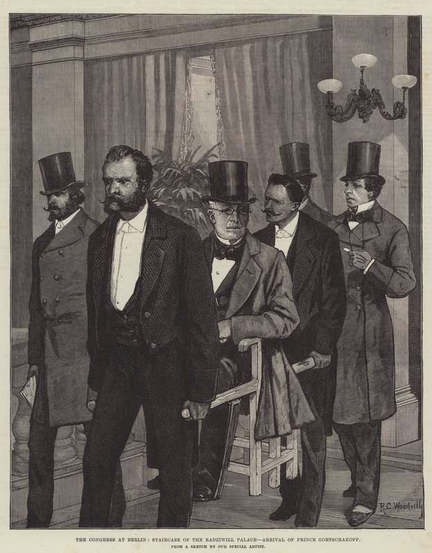 Le Congrès de Berlin, escalier du palais Radziwill, arrivée du prince Gortschakoff - Richard Caton Woodville junior