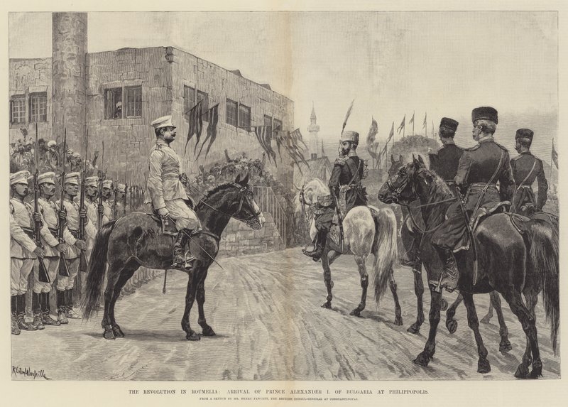 La Révolution en Roumélie, Arrivée du Prince Alexandre Ier de Bulgarie à Philippopolis - Richard Caton Woodville junior