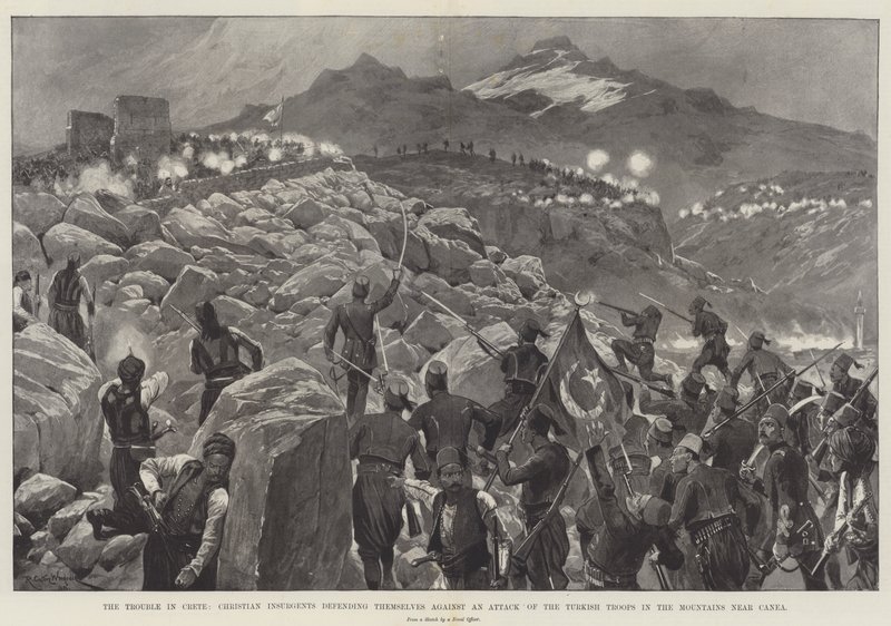 Les troubles en Crète, insurgés chrétiens se défendant contre une attaque des troupes turques dans les montagnes près de Canea - Richard Caton Woodville junior