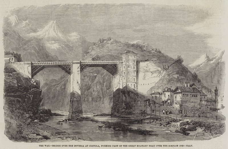 La guerre, pont sur la Doveria à Crevola, faisant partie de la grande route militaire sur le Simplon vers l