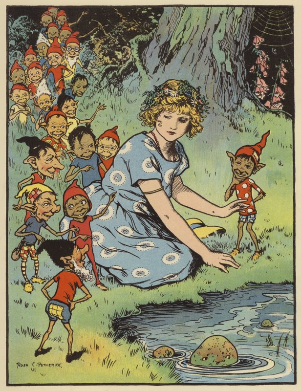 Fille entourée de lutins (lithographie en couleur) - Rosa Petherick