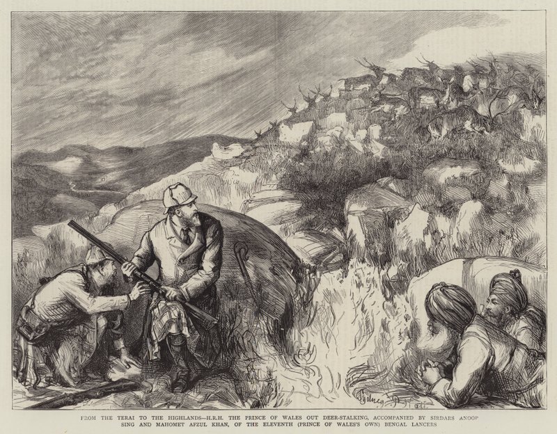 Du Terai aux Hautes Terres, SAR le Prince de Galles à la chasse au cerf, accompagné par les Sirdars Anoop Sing et Mahomet Afzul Khan, du onzième (Prince de Galles) Bengal Lancers - Sydney Prior Hall