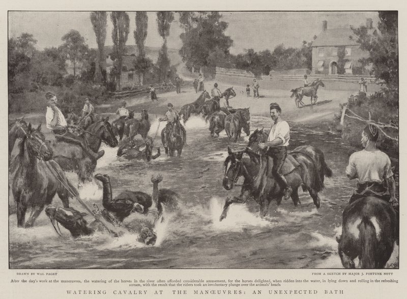 Abreuvement de la cavalerie aux manœuvres, un bain inattendu - Walter Stanley Paget