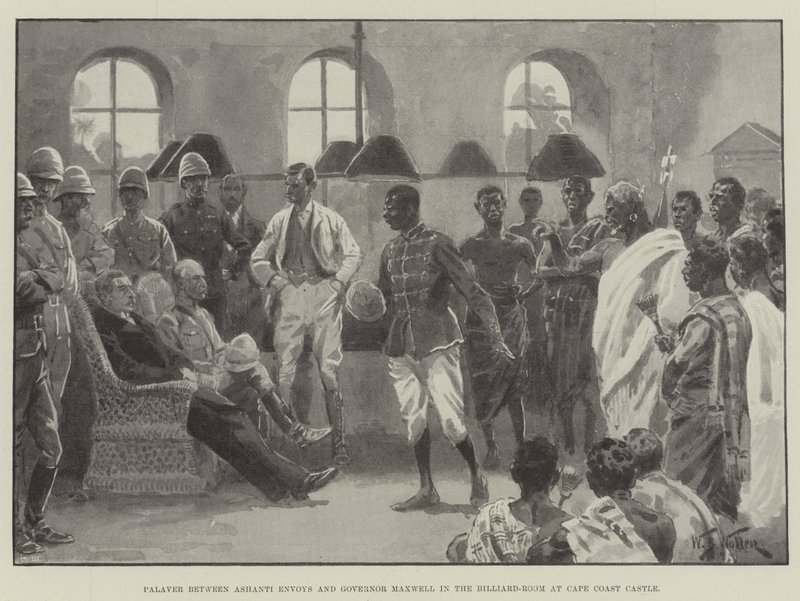 Palabre entre les envoyés Ashanti et le gouverneur Maxwell dans la salle de billard au château de Cape Coast - William Barnes Wollen