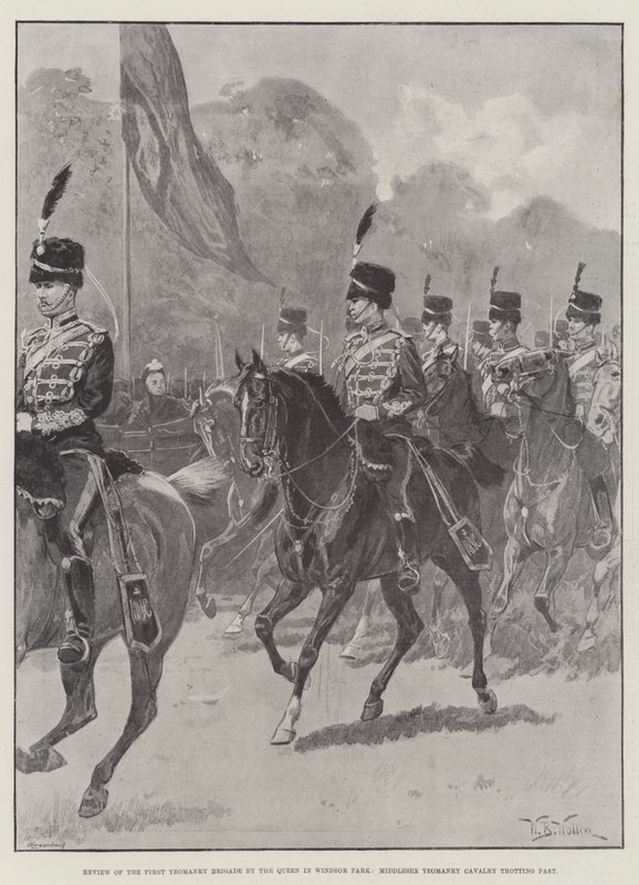 Revue de la première brigade de yeomanry par la reine dans le parc de Windsor, cavalerie de Middlesex Yeomanry au trot - William Barnes Wollen