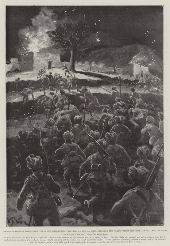 Le soulèvement de la frontière indienne, combats dans le col de Tseri-Kandao, les 15e et 36e Sikhs attaquant le village qu