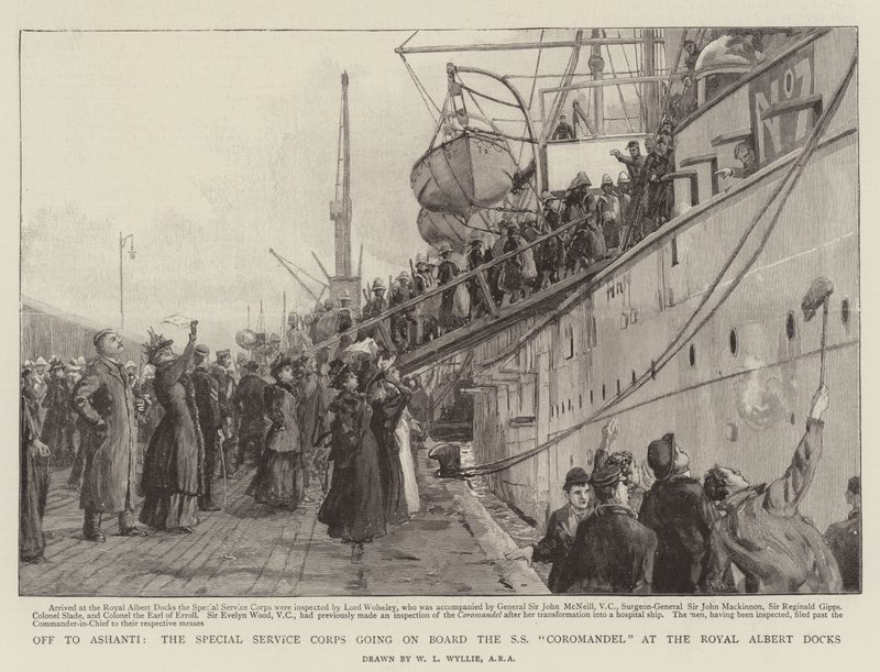 En route pour Ashanti, le Special Service Corps embarquant à bord du SS Coromandel aux Royal Albert Docks - William Lionel Wyllie