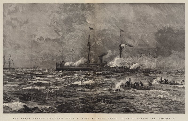 La revue navale et la fausse bataille à Portsmouth, les torpilleurs attaquant le Colossus - William Lionel Wyllie