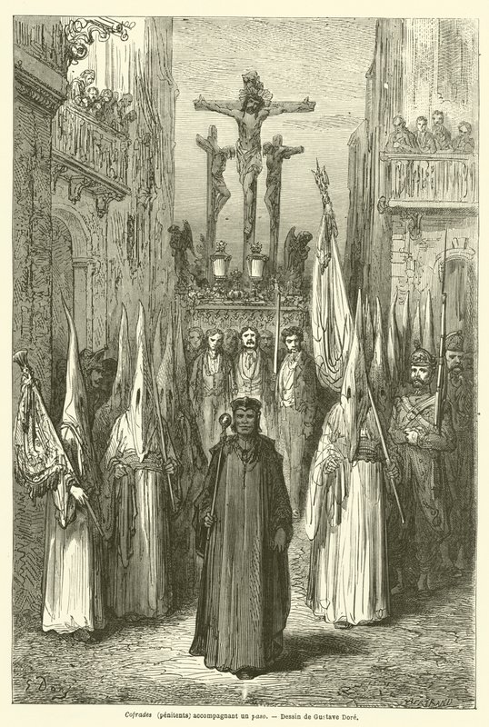 Cofrades (pénitents) accompagnant un paso - Gustave after Dore