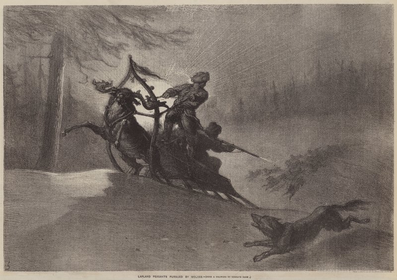 Paysans lapons poursuivis par des loups - Gustave after Dore