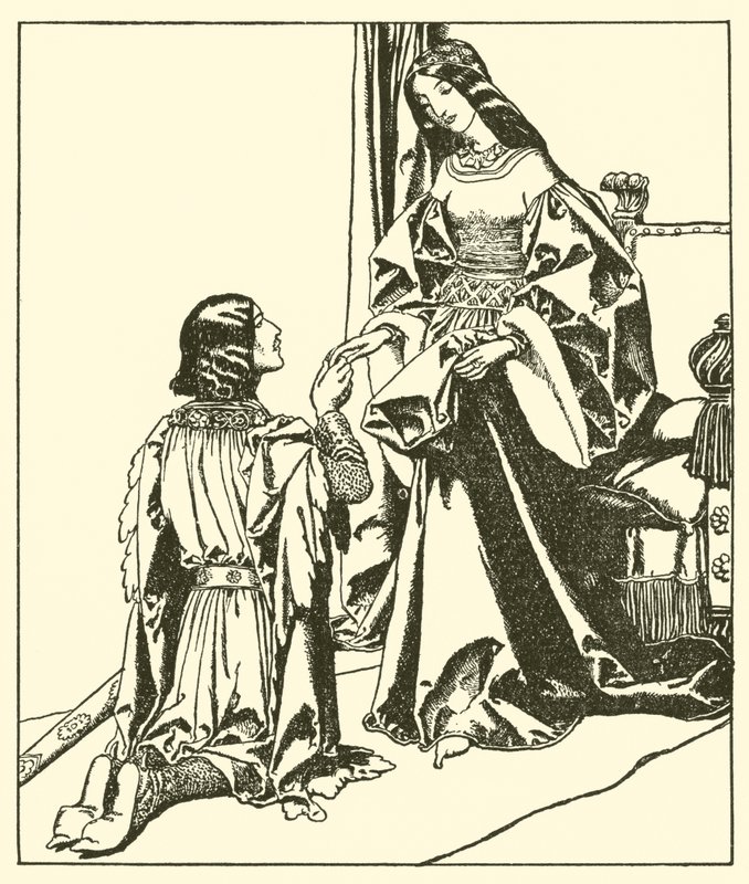 Sir Launcelot salue la reine Guenièvre - after Howard Pyle